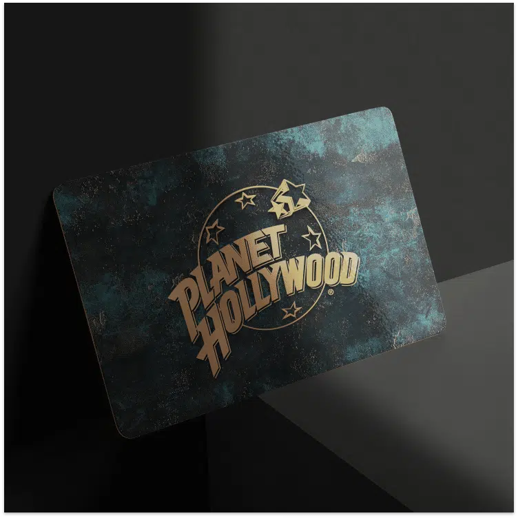 A gray Planet Hollywood gift card