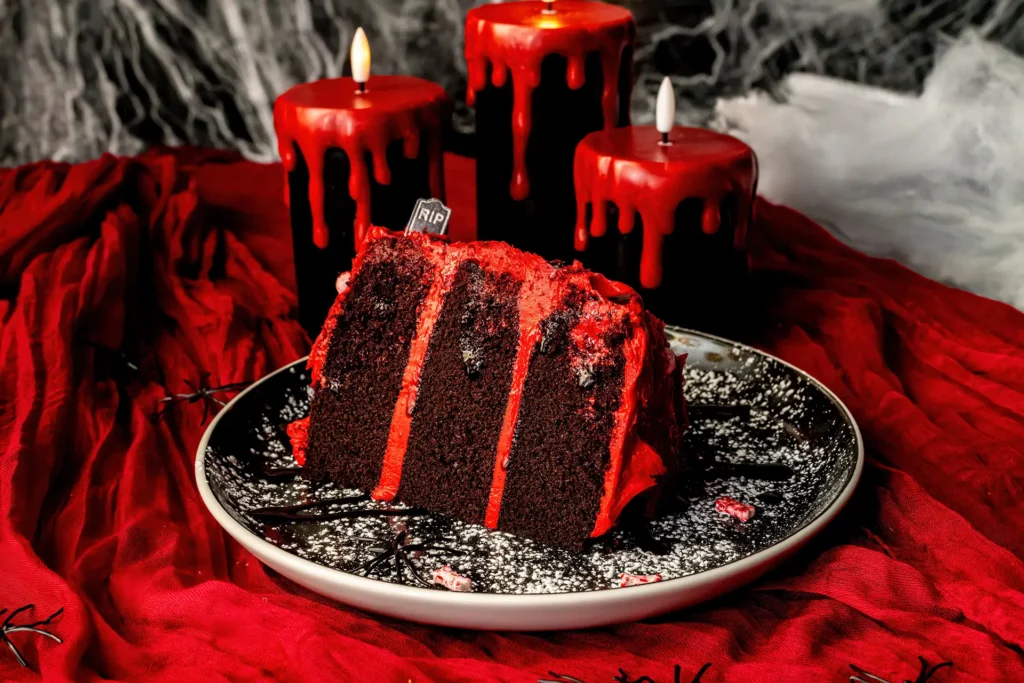 Dead Velvet Cake with rich red frosting, chocolate layers and Halloween decorations, served against a spooky candlelit backdrop.