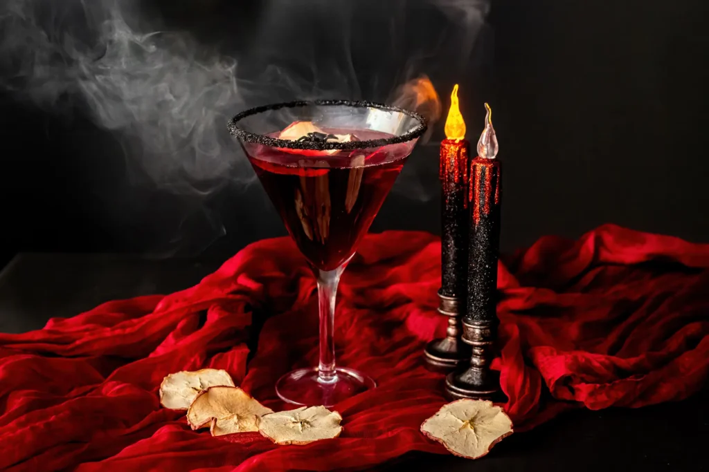 Poison Apple cocktail with a black sugar rim, apple garnish and smoky Halloween presentation.