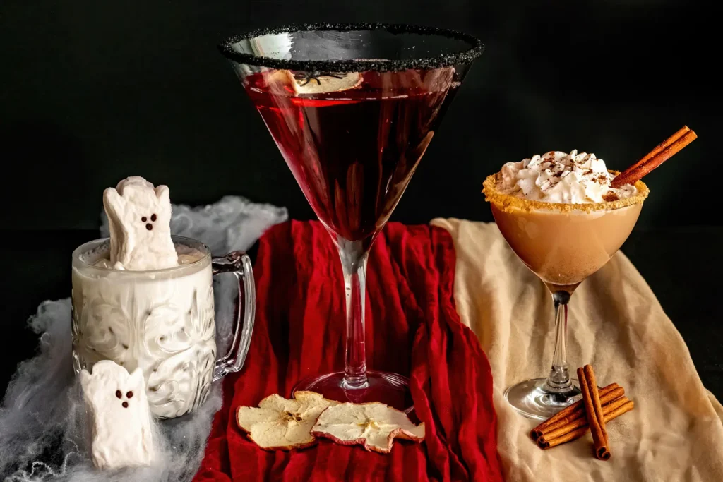 Haunted Hollywood seasonal drinks featuring Casper the Ghost, Poison Apple and Pumpkin Pie Martini with spooky Halloween garnishes.