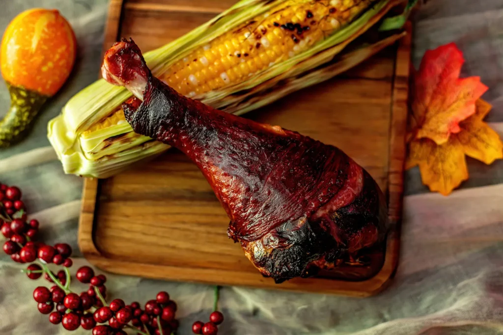 The Bone Collector roasted turkey leg served with charred corn on a fall-inspired setting.