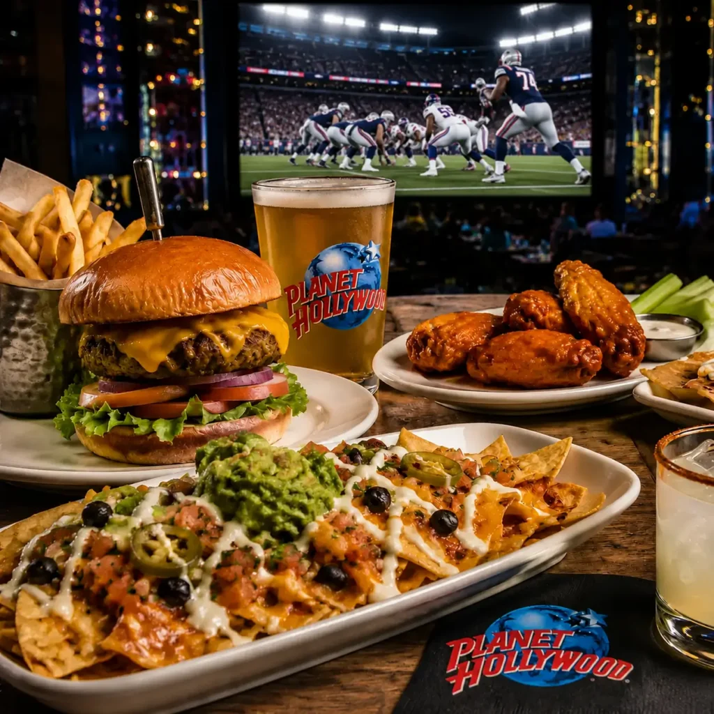 Burger, fries, wings, nachos and beer at Planet Hollywood NYC with a football game playing on a large screen.