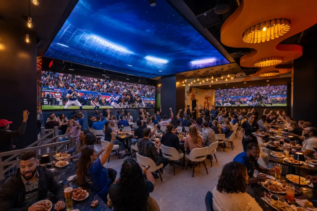 Burger, fries, wings, nachos and beer at Planet Hollywood NYC with a football game playing on a large screen.