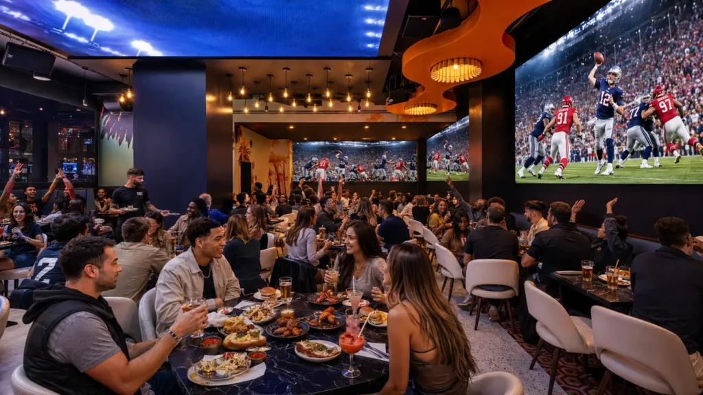 Crowd watching a football game on large screens while dining at Planet Hollywood NYC.