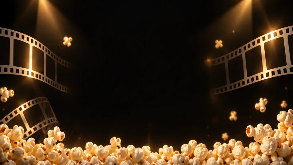 Golden film strips and spotlights frame a dark cinematic background with popcorn scattered across the bottom.