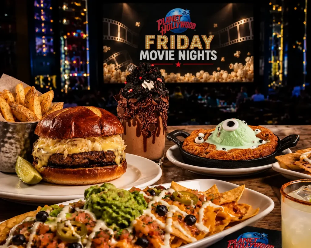 Planet Hollywood Friday Movie Nights spread with a Halloween milkshake, pretzel bun burger and fries, monster cookie skillet and loaded nachos.